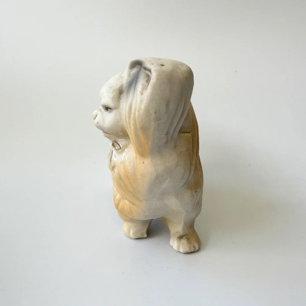 Vintage Orion Japan Ceramic Pekingese Dog Figurine Gold Bow Long Hair Puppy 3.5